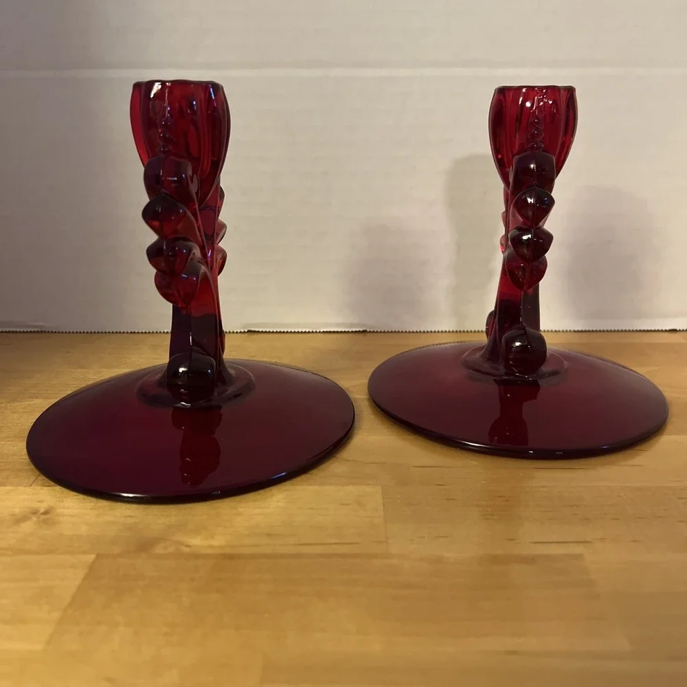 NEW MARTINSVILLE GLASS RUBY RED CANDLESTICK HOLDERS DEPRESSION GLASS SET OF 2